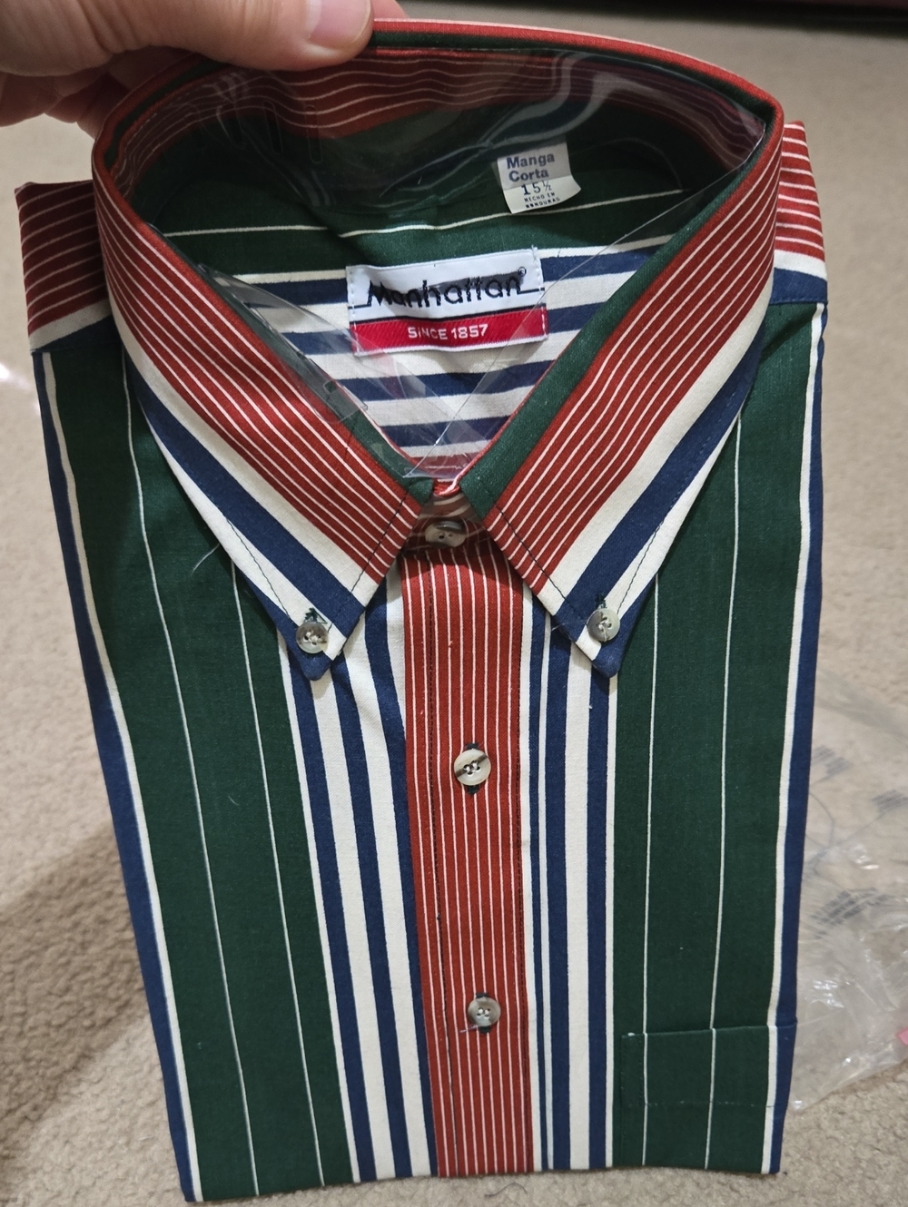 Manhattan Short Sleeve Striped Button-Down Shirt - Green & Red